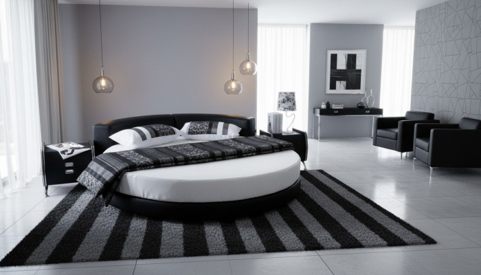 Cama preta moderna com detalhes elegantes e banco