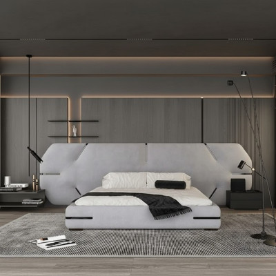 Cama cinza moderna com cabeceira elegante e design para o quarto