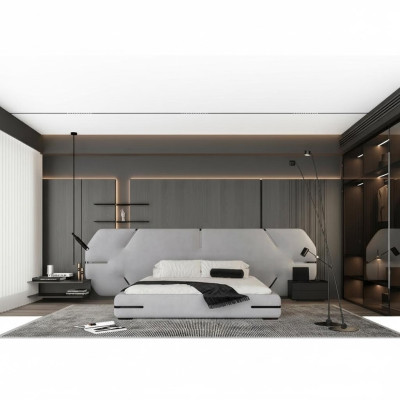 Cama cinza moderna com cabeceira elegante e design para o quarto