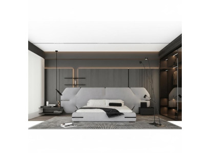 Cama cinza moderna com cabeceira elegante e design para o quarto