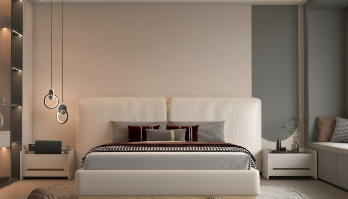 Cama luxuosa bege com detalhes dourados, design moderno, cabeceira para o quarto