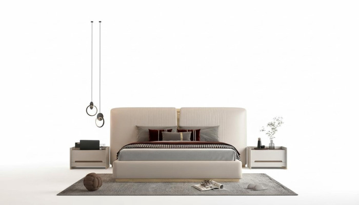 Cama luxuosa bege com detalhes dourados, design moderno, cabeceira para o quarto