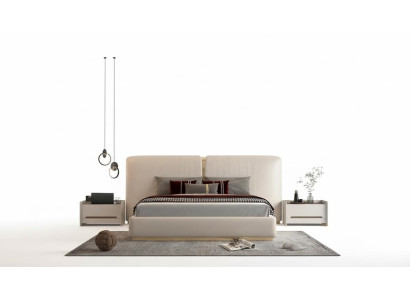 Cama luxuosa bege com detalhes dourados, design moderno, cabeceira para o quarto