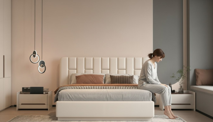 Cama luxuosa bege com cabeceira estofada moderna