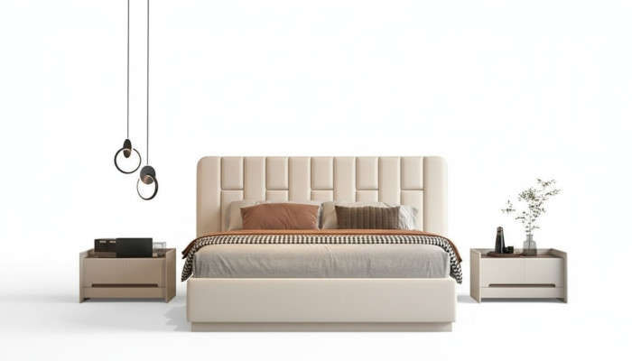 Cama luxuosa bege com cabeceira estofada moderna