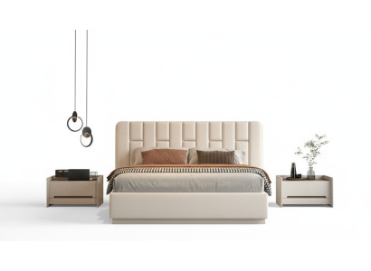Cama luxuosa bege com cabeceira estofada moderna