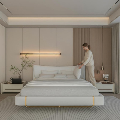 Cama cinza luxuosa com detalhes dourados, design moderno e cabeceira confortável