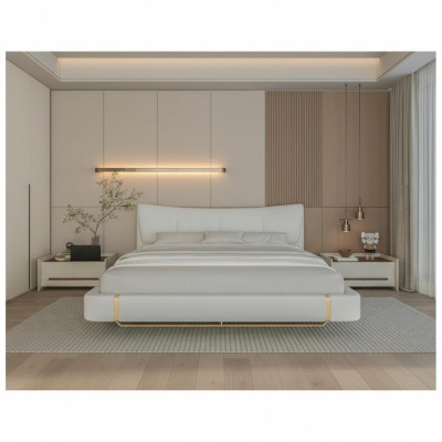 Cama cinza luxuosa com detalhes dourados, design moderno e cabeceira confortável