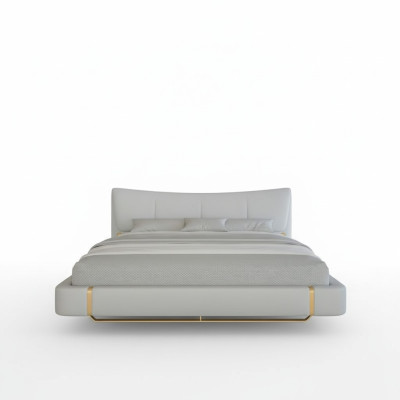 Cama cinza luxuosa com detalhes dourados, design moderno e cabeceira confortável