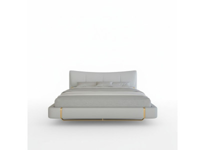 Cama cinza luxuosa com detalhes dourados, design moderno e cabeceira confortável