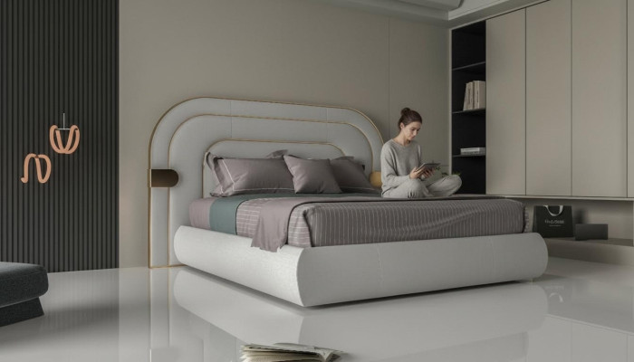 Estrutura de cama cinza luxuosa com detalhes dourados em design moderno e cabeceira macia