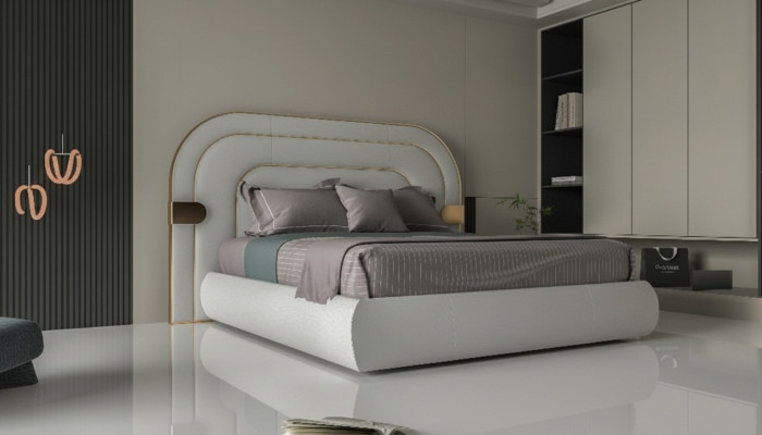 Estrutura de cama cinza luxuosa com detalhes dourados em design moderno e cabeceira macia