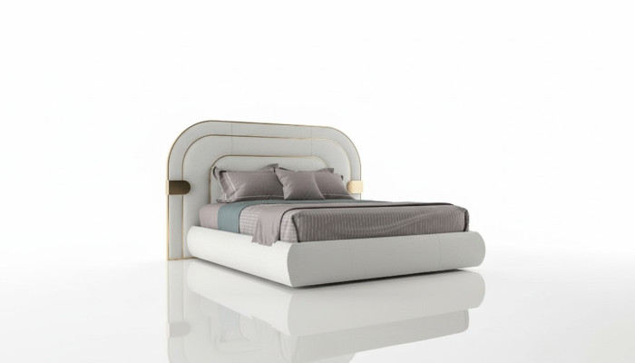 Estrutura de cama cinza luxuosa com detalhes dourados em design moderno e cabeceira macia