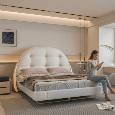 Cama de tecido luxuosa com acentos bordados e cabeceira redonda moderna