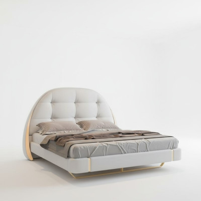 Cama de tecido luxuosa com acentos bordados e cabeceira redonda moderna