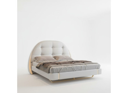 Cama de tecido luxuosa com acentos bordados e cabeceira redonda moderna