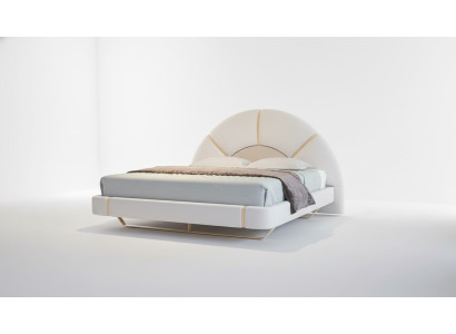 Cama de luxo moderna com detalhes dourados, cabeceira arredondada