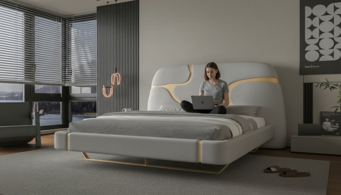 Cama de luxo com detalhes dourados Design moderno Cabeceira macia Quarto