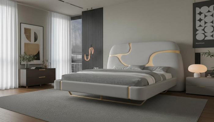 Cama de luxo com detalhes dourados Design moderno Cabeceira macia Quarto