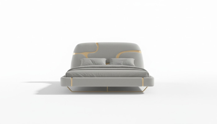 Cama de luxo com detalhes dourados Design moderno Cabeceira macia Quarto