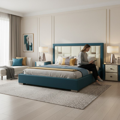 Cama azul de luxo com cabeceira estofada moderna e cores vibrantes