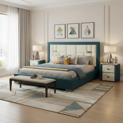 Cama azul de luxo com cabeceira estofada moderna e cores vibrantes