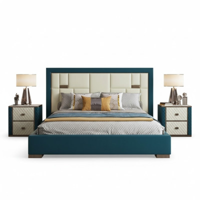 Cama azul de luxo com cabeceira estofada moderna e cores vibrantes