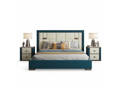 Cama azul de luxo com cabeceira estofada moderna e cores vibrantes