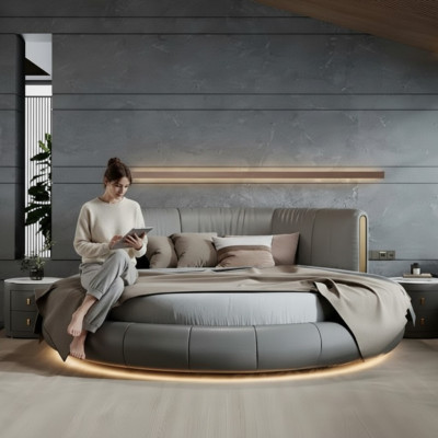 Cama redonda cinza-bege com design moderno e exclusivo para o quarto
