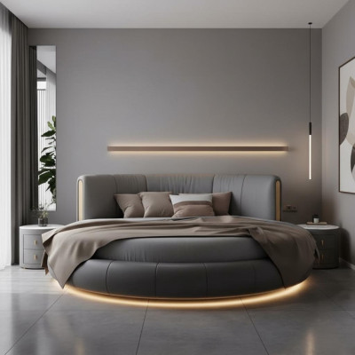 Cama redonda cinza-bege com design moderno e exclusivo para o quarto