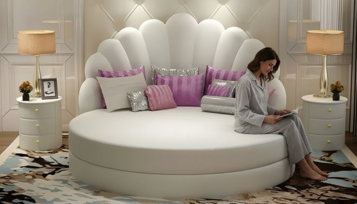 Cama redonda elegante branca com estofamento de veludo roxo para quarto moderno