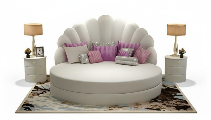 Cama redonda elegante branca com estofamento de veludo roxo para quarto moderno