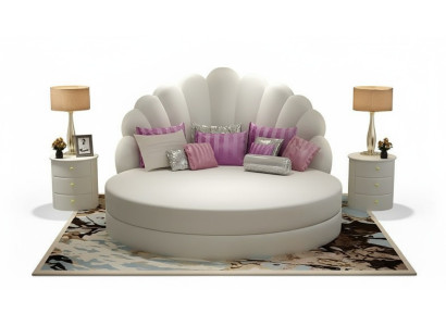 Cama redonda elegante branca com estofamento de veludo roxo para quarto moderno