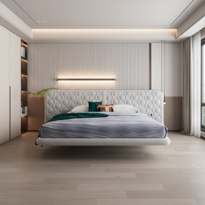 Cama branca moderna com design minimalista e arredondado