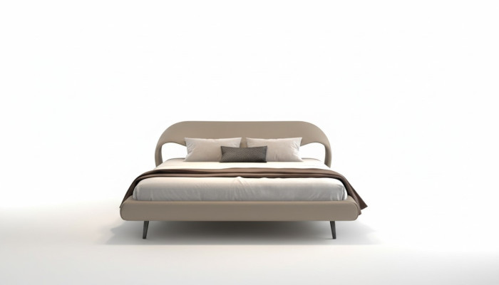 Cama cinza elegante com design minimalista e arredondado