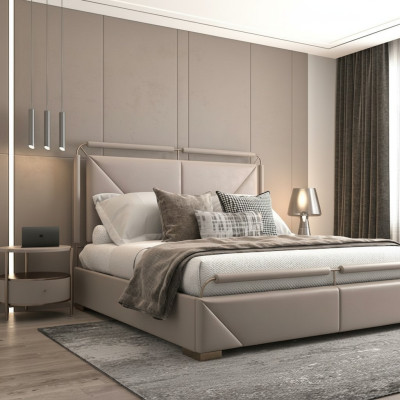 Design de cama luxuoso moderno em bege com detalhes dourados e uma cabeceira elegante