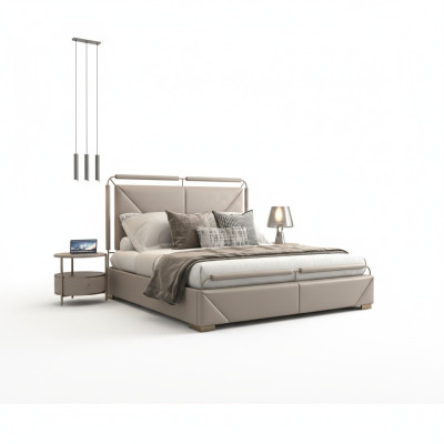 Design de cama luxuoso moderno em bege com detalhes dourados e uma cabeceira elegante
