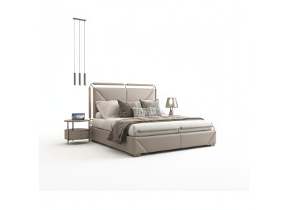 Design de cama luxuoso moderno em bege com detalhes dourados e uma cabeceira elegante