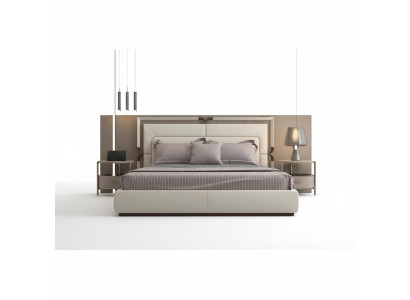 Cama de luxo moderna em bege com acentos marrons e um cabeceira elegante