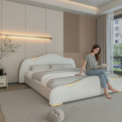 Cama cinza moderna com detalhes dourados e um cabeceira elegante