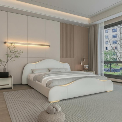 Cama cinza moderna com detalhes dourados e um cabeceira elegante