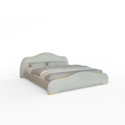 Cama cinza moderna com detalhes dourados e um cabeceira elegante