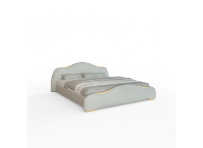 Cama cinza moderna com detalhes dourados e um cabeceira elegante