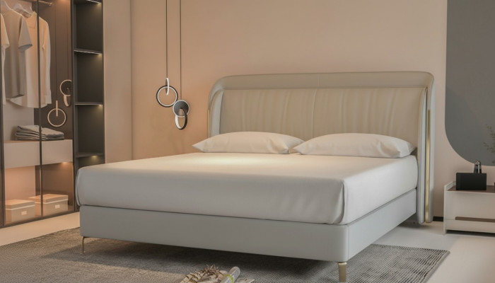 Cama de luxo moderna com cabeceira dourada elegante em cinza