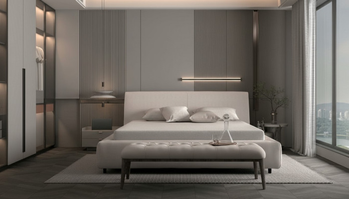 Cama elegante bege com travesseiro