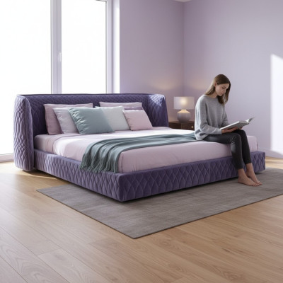 Cama moderna de veludo azul com cabeceira elegante