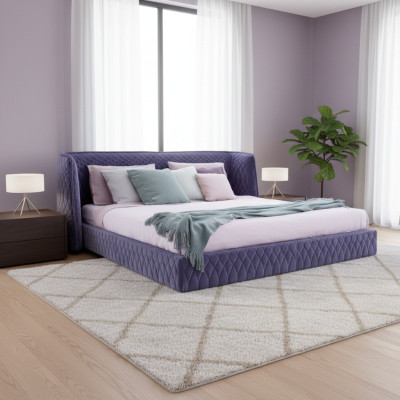 Cama moderna de veludo azul com cabeceira elegante