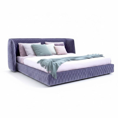Cama moderna de veludo azul com cabeceira elegante