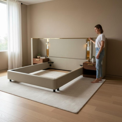 Cama de design luxuosa bege com iluminação LED, estrutura dourada e cabeceira moderna