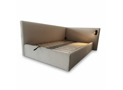 Cama moderna bege com iluminação LED e cabeceira luxuosa